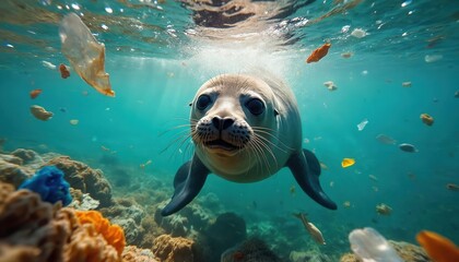Playful seal swims in polluted ocean water amidst plastic rubbish. Marine animal explores coral reef environment, facing environmental harm. Aquatic life suffers from human waste.