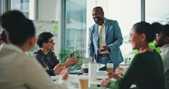 Paperwork, presenter and people clap in boardroom for budget conference, finance strategy and info. Teaching, audience inspiration and workshop for business growth, charts and graphs for presentation
