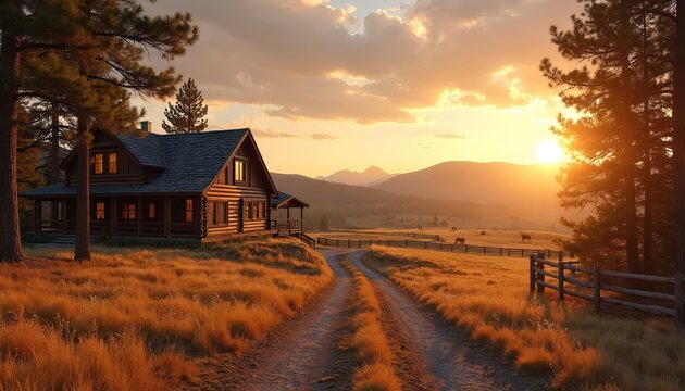 Rustic log cabin house sits in a golden field. A dirt road leads to ranch pasture. Horses graze peacefully with mountains in distance. Sunset colors sky, warm light fills rural valley.