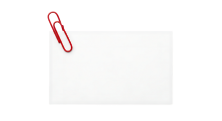 A red paperclip holding a blank white card isolated on transparent background