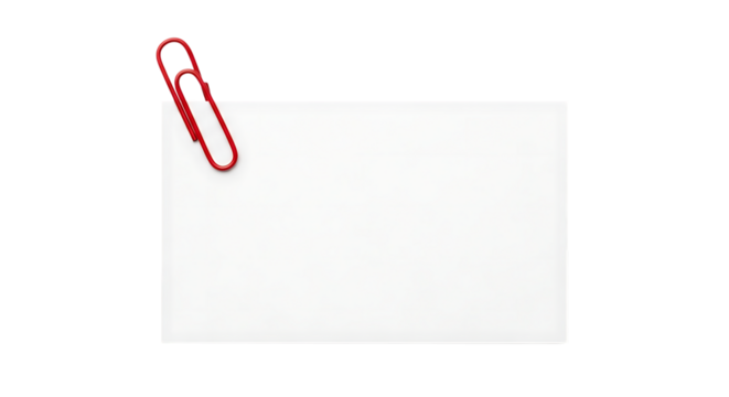 A red paperclip holding a blank white card isolated on transparent background
