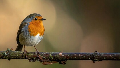 A close-up shot captures a small songbird with a vibrant orange breast perched on a textured branch against a soft, out-of-focus background