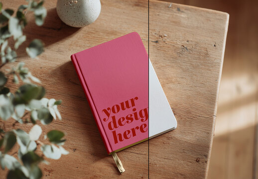 Notebook mockup with customizable cover on wooden table