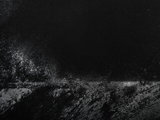 Fine white dust rests evenly on a deep black surface, creating a soft contrast texture. Ideal for minimalist or grunge-style backgrounds.
Can be used as elements for design projects. 