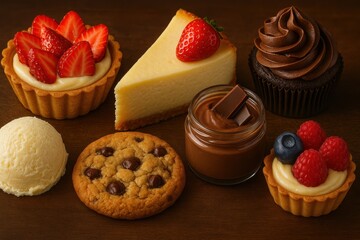 Assorted gourmet desserts on wooden table
