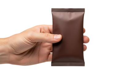 Hand holding a small brown packet isolated on transparent background