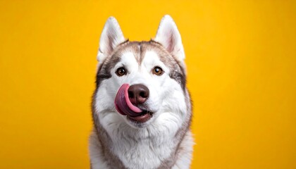 A close-up shot captures a stunning dog against a bright yellow backdrop. The dog is looking straight at the viewer with its tongue licking its nose