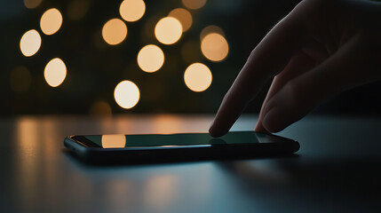 A person uses a touchscreen phone in a dimly lit room with blurred lights in the background, showcasing modern connectivity and technology in a relaxed setting.