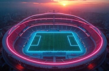 Aerial view futuristic football stadium at sunset. Neon lights highlight field, stands. Sports arena stands among city buildings. Empty venue awaits event. Stadium represents future sports, gaming,
