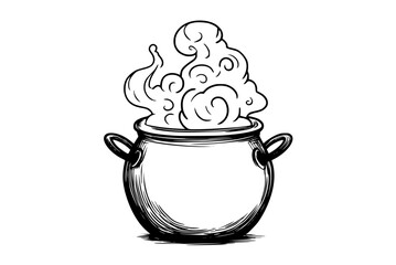 a black and white drawing of a pot filled with steamblack, boiler, caldron, draw, food, hot, illustration, kitchenware, lid, liquid, pot, sketch, steam, stew, tea pot 