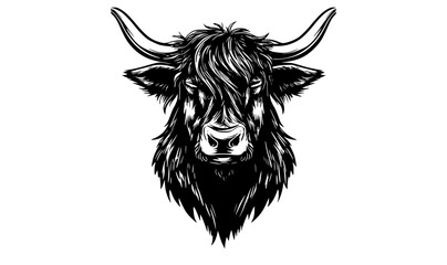 a black and white drawing of a highland cow head with long hair and hornsanimal, bison, black, buffalo, bull, head, illustration, image, logo, profile, trumpet, white, yak 