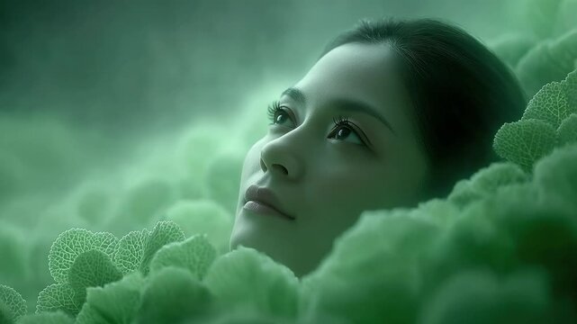 Woman's Face Surrounded by Greenery Showcasing Natural Health - Powered by Adobe