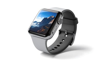 A close-up of a modern, rectangular wearable technology device with a mountain landscape screen display and gray strap
