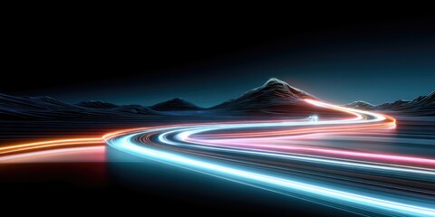Colorful lights on winding road at night