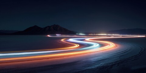 Cars leave glowing trails on a salt flat at night