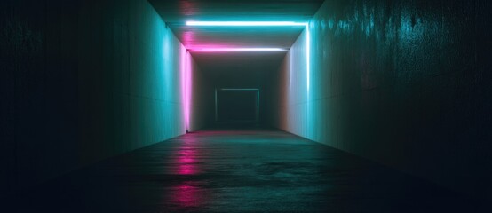 Neon lights illuminate an empty corridor at night