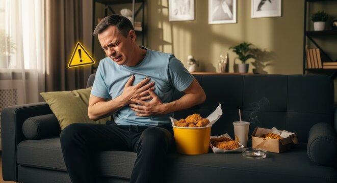 Heart Attack Symptom in Middle-Aged Man Sitting on Sofa - Powered by Adobe