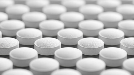 Close-up of round white tablets arranged in neat rows, medical theme