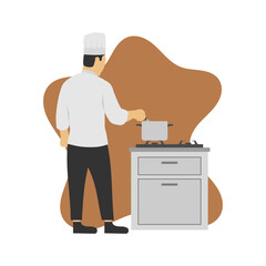 Flat Illustration of a Chef Cooking in the Kitchen with a Stove and Saucepan. Back View of the Chef. Suitable for Culinary, Restaurant, and Cooking.