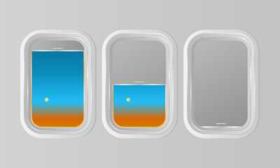 Vector Three Airplane Windows Open, Half Closed, and Fully Closed. Suitable for Aviation, Travel, and Transportation.