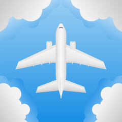 An Airplane is Flying in a Bright Blue Sky with Clouds in Every Corner Vector. Suitable for Travel, Flights, and Transportation.