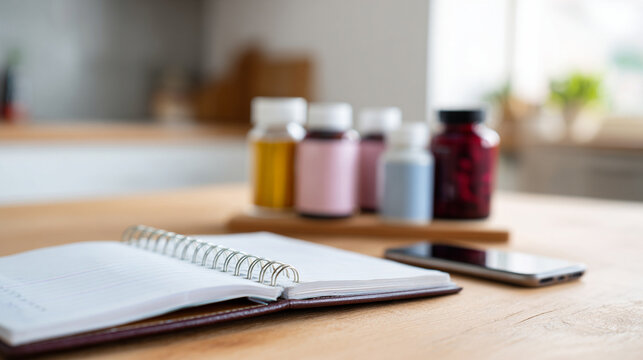 Open notebook, smartphone and supplement bottles standing on kitchen table at home