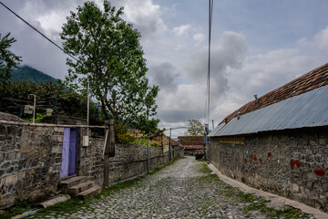 Quiet cobblestone lane in Kish village, Shaki, Azerbaijan