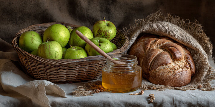 Fresh green apples, honey, and bread on rustic cloth background