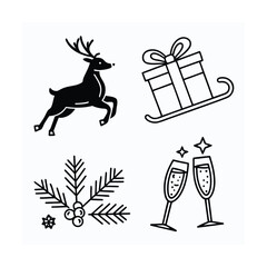 Festive christmas icons set including reindeer sleigh gifts and champagne glasses isolated on transparent background