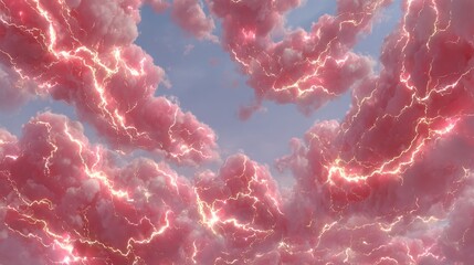 Dramatic rosy clouds illuminate the sky with radiant streaks of electrical energy creating a