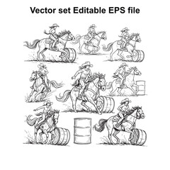 Vector art of dynamic illustration of cowboys and cowgirls in a rodeo competition, skillfully riding horses around barrels, capturing the excitement and action of the wild west