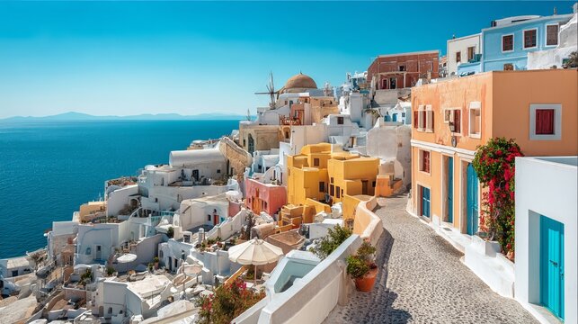 Fototapeta Traditional houses churches and streets of Santorini Island Greece