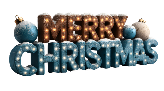 3D Christmas lettering with sparkling lights, baubles, and frosted snow accents isolated on white background