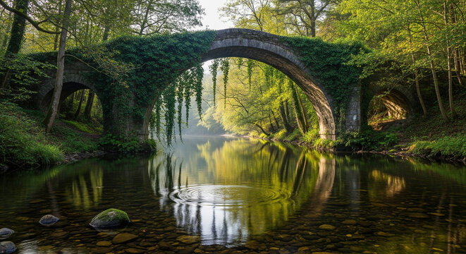Enchanted Stone Arch Bridge Over Stream in Lush Forest
A captivating, wide-view photograph of an ancient single-arch stone bridge heavily overgrown with vibrant green moss and trailing ivy