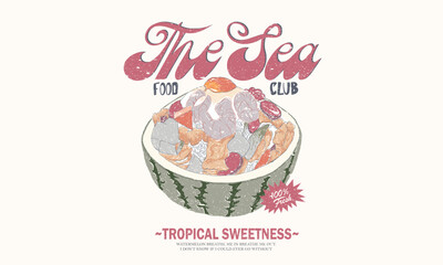 Pineapple rice bowl print design for t shirt print, poster, sticker, background and other uses. Seafood club artwork.
