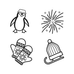Four stylized line art icons penguin fireworks festive gifts bell for celebrations isolated on transparent background