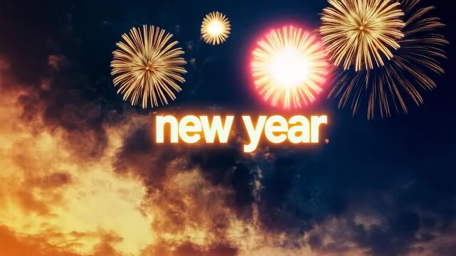 New Year fireworks exploding in cloudy sky  
