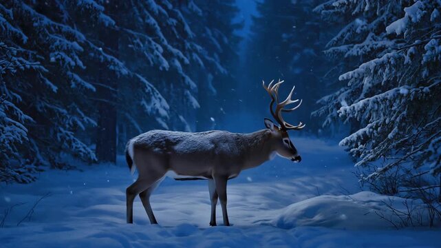 Majestic stag stands alert in a snowy forest at dusk with falling snowflakes creating a magical