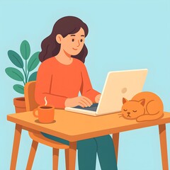 Woman working on a laptop at a desk with a cat, coffee and a plant, home office concept