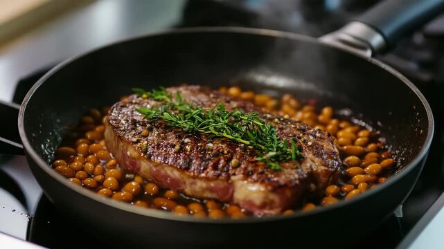 Beef steak with beans cooking in pan