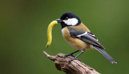 Naklejka premium Small bird Coal Tit with yellow grub in beak. Perched on old dead tree branch. Nature wildlife scene. Bird gathers food for chicks. Spring nesting season.