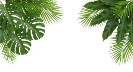 A vibrant arrangement of lush green tropical palm leaves and monstera leaves, isolated on a clean transparent background, creating a fresh and natural border
