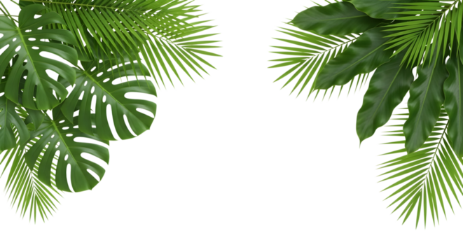 A vibrant arrangement of lush green tropical palm leaves and monstera leaves, isolated on a clean transparent background, creating a fresh and natural border
