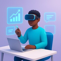 A 3D character uses virtual reality for immersive data analysis, interacting with futuristic holographic charts. Representing digital transformation and future technology
