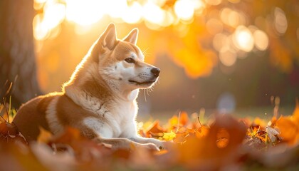 A canine companion, bathed in golden sunlight, rests serenely amidst a colorful bed of autumn leaves in a park setting