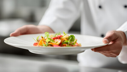 Naklejka premium Professional chef serving dish at table indoors, closeup