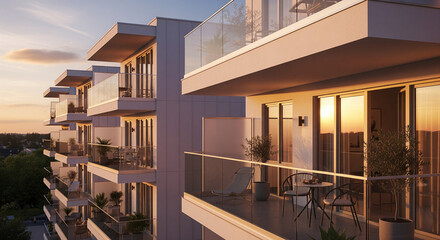 Modern Apartment Balconies Bathed in Warm Glow of Sunset Light.
A stunning, low-angle view of the facade of a modern, luxury apartment building featuring clean lines and repeated rows of cantilevered
