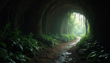 Dark cave opens to bright jungle. Narrow winding path leads through ancient grotto filled with green plants, hanging vines, deep shadows. Light shines at tunnel exit, revealing wild natural tropical