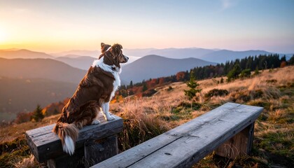 A canine sits regally atop a wooden bench, gazing at a breathtaking mountain range bathed in the warm light of dawn or dusk