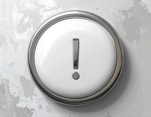 A shiny silver-rimmed circle houses a large exclamation point. The background is textured with a light, abstract, painterly quality